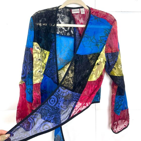 Chico's Silk Lace patchwork Top Women Large Multicolor Velvet Tie Front blouse 2 - Picture 11 of 15